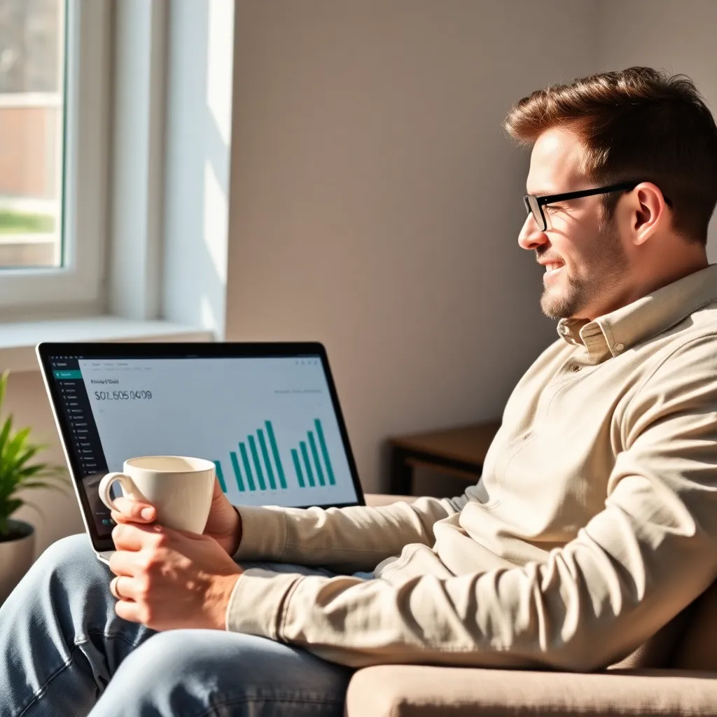 Persoon die financiële vrijheid viert met laptop en documenten