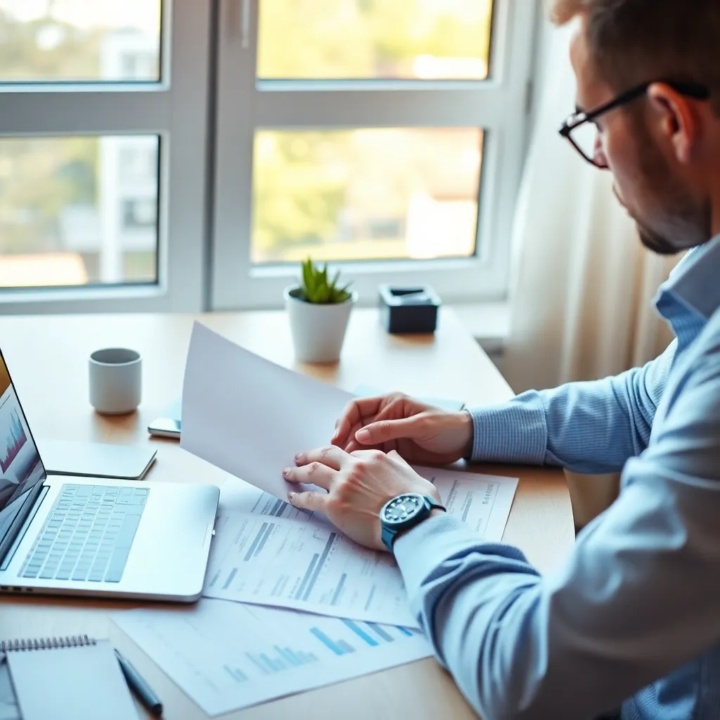 Persoon die financiële planning doet met laptop en documenten