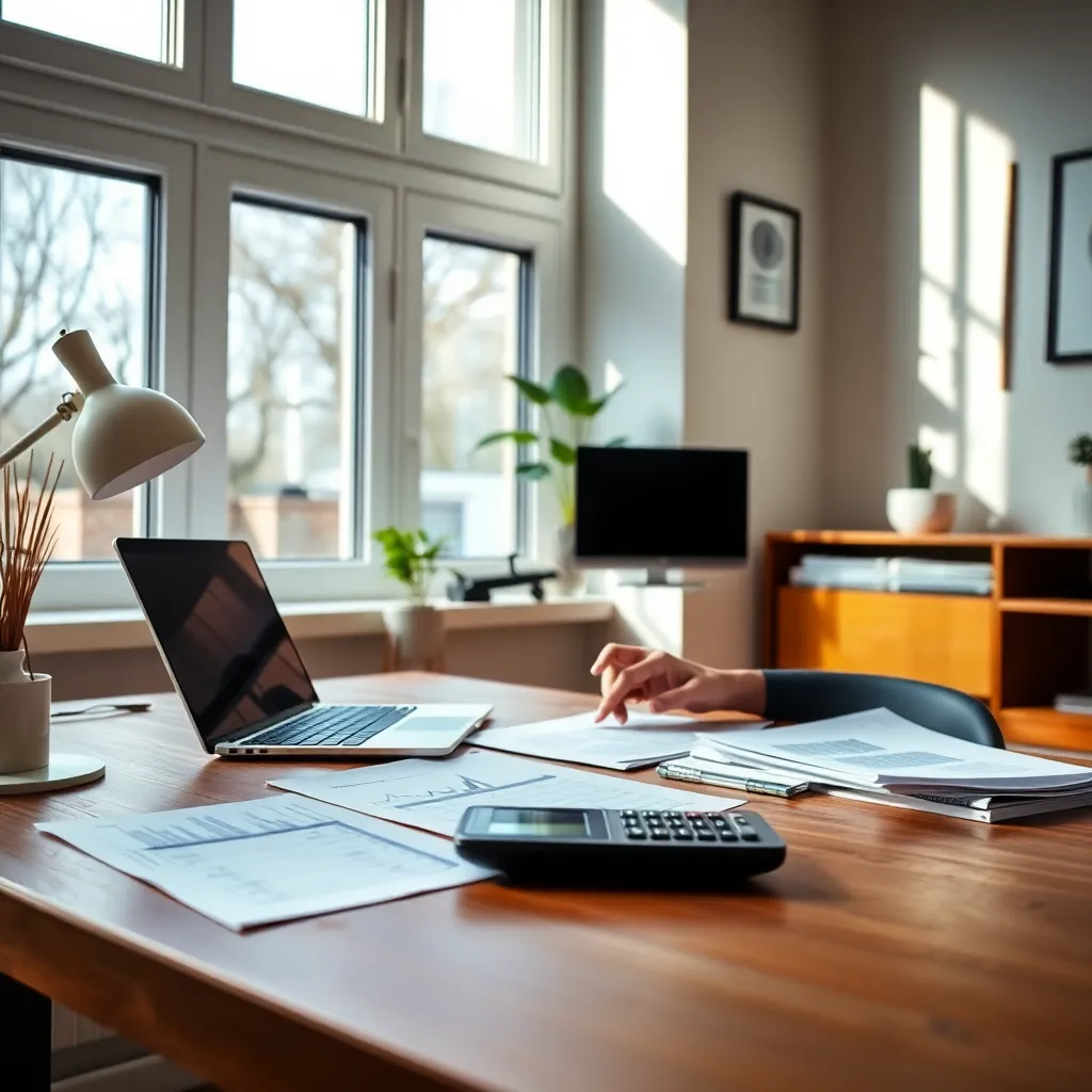 Persoon die financiële administratie organiseert met documenten en laptop