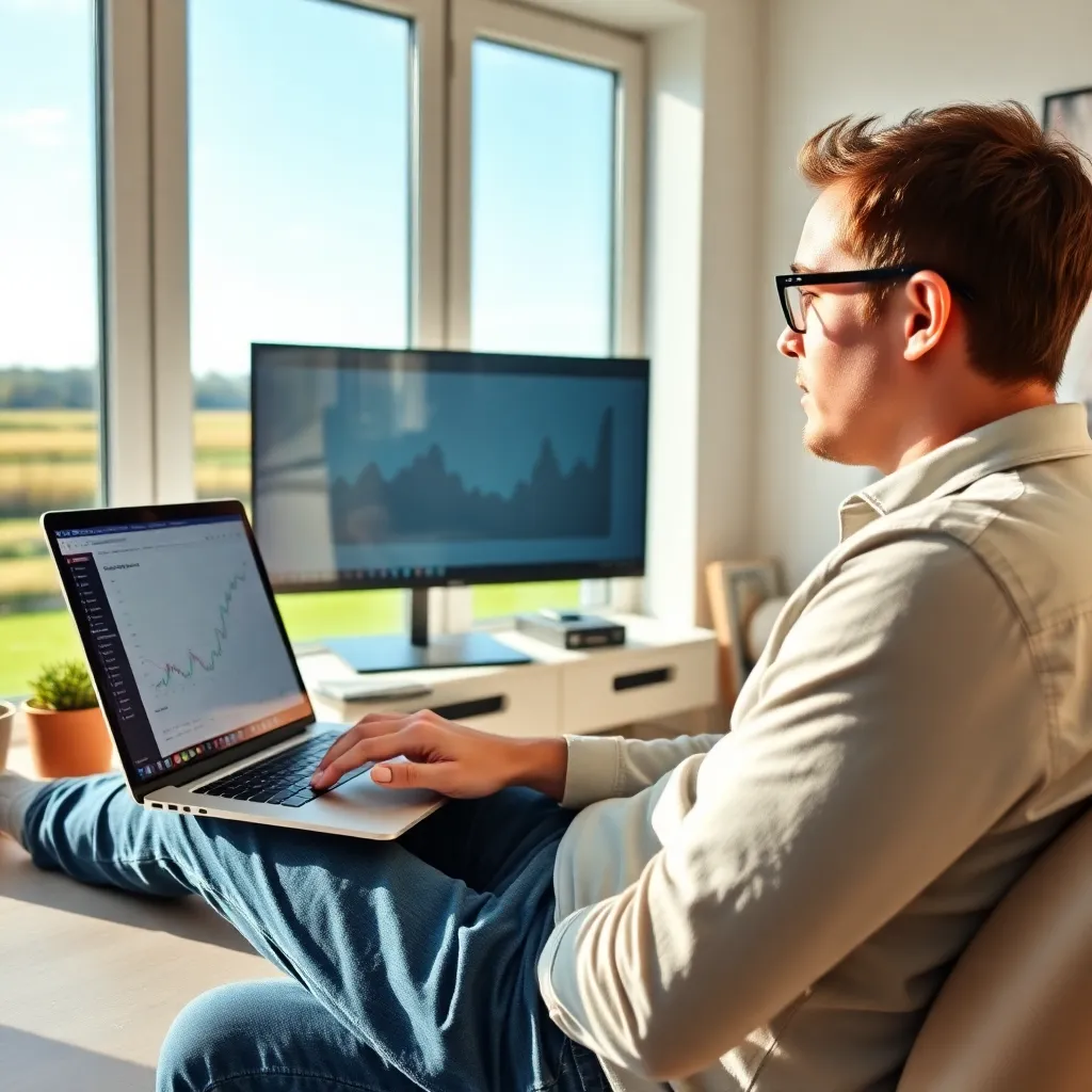 Persoon die ontspannen werkt op laptop met financiële grafieken op tweede scherm